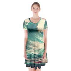 Storm Tsunami Waves Ocean Sea Nautical Nature Painting Short Sleeve V-neck Flare Dress by uniart180623