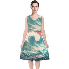 Storm Tsunami Waves Ocean Sea Nautical Nature Painting V-neck Midi Sleeveless Dress  by uniart180623