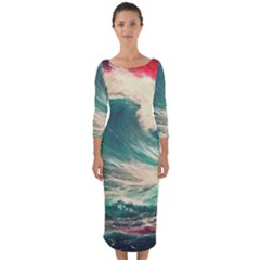 Storm Tsunami Waves Ocean Sea Nautical Nature Painting Quarter Sleeve Midi Bodycon Dress by uniart180623