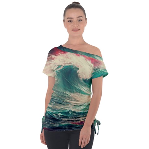 Storm Tsunami Waves Ocean Sea Nautical Nature Painting Off Shoulder Tie-up Tee by uniart180623