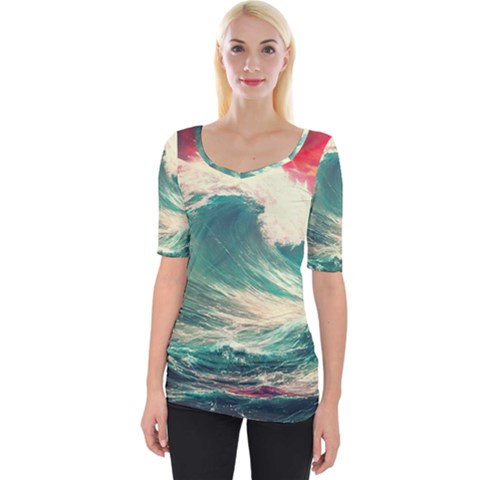 Storm Tsunami Waves Ocean Sea Nautical Nature Painting Wide Neckline Tee by uniart180623