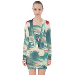 Storm Tsunami Waves Ocean Sea Nautical Nature Painting V-neck Bodycon Long Sleeve Dress by uniart180623