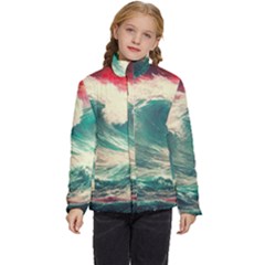 Storm Tsunami Waves Ocean Sea Nautical Nature Painting Kids  Puffer Bubble Jacket Coat by uniart180623