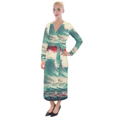 Storm Tsunami Waves Ocean Sea Nautical Nature Painting Velvet Maxi Wrap Dress by uniart180623