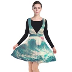 Storm Tsunami Waves Ocean Sea Nautical Nature Painting Plunge Pinafore Dress by uniart180623