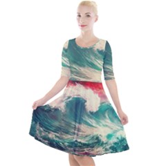 Storm Tsunami Waves Ocean Sea Nautical Nature Painting Quarter Sleeve A-line Dress by uniart180623