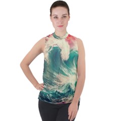 Storm Tsunami Waves Ocean Sea Nautical Nature Painting Mock Neck Chiffon Sleeveless Top by uniart180623