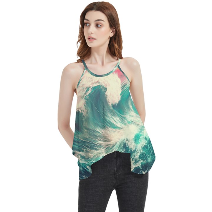 Storm Tsunami Waves Ocean Sea Nautical Nature Painting Flowy Camisole Tank Top