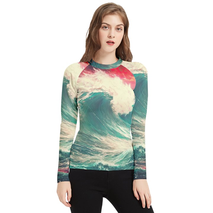 Storm Tsunami Waves Ocean Sea Nautical Nature Painting Women s Long Sleeve Rash Guard