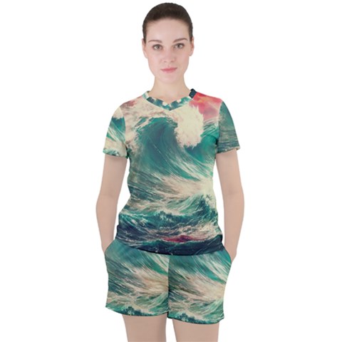 Storm Tsunami Waves Ocean Sea Nautical Nature Painting Women s Tee And Shorts Set by uniart180623