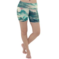 Storm Tsunami Waves Ocean Sea Nautical Nature Painting Lightweight Velour Yoga Shorts by uniart180623