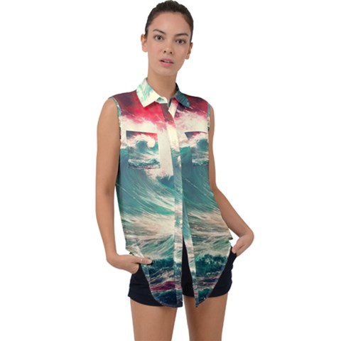 Storm Tsunami Waves Ocean Sea Nautical Nature Painting Sleeveless Chiffon Button Shirt by uniart180623