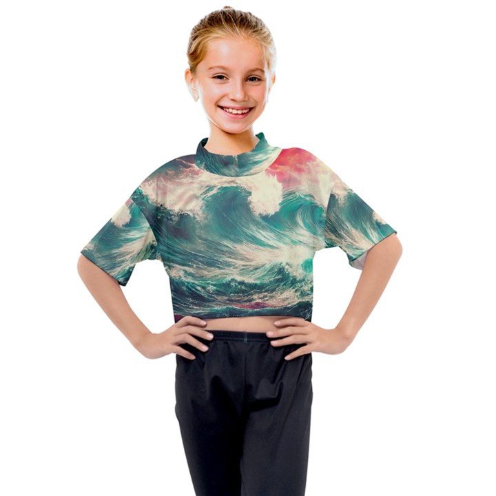 Storm Tsunami Waves Ocean Sea Nautical Nature Painting Kids Mock Neck Tee