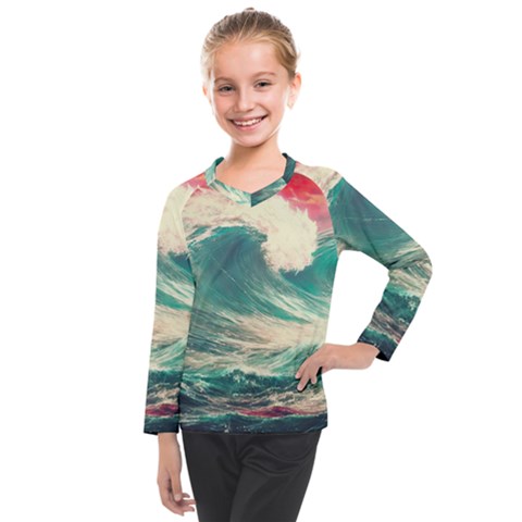 Storm Tsunami Waves Ocean Sea Nautical Nature Painting Kids  Long Mesh Tee by uniart180623