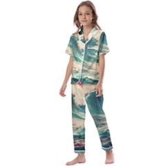 Storm Tsunami Waves Ocean Sea Nautical Nature Painting Kids  Satin Short Sleeve Pajamas Set by uniart180623