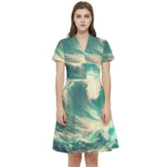 Storm Tsunami Waves Ocean Sea Nautical Nature Painting Short Sleeve Waist Detail Dress by uniart180623