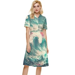 Storm Tsunami Waves Ocean Sea Nautical Nature Painting Button Top Knee Length Dress by uniart180623