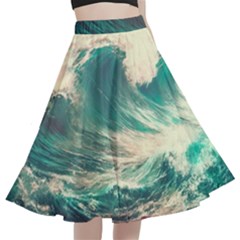 Storm Tsunami Waves Ocean Sea Nautical Nature Painting A-line Full Circle Midi Skirt With Pocket