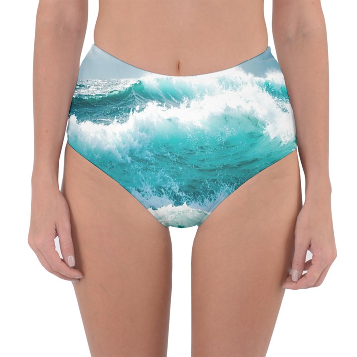 Waves Ocean Sea Tsunami Nautical Blue Sea Reversible High-Waist Bikini Bottoms