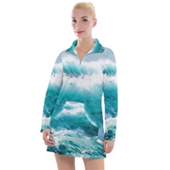 Waves Ocean Sea Tsunami Nautical Blue Sea Women s Long Sleeve Casual Dress by uniart180623