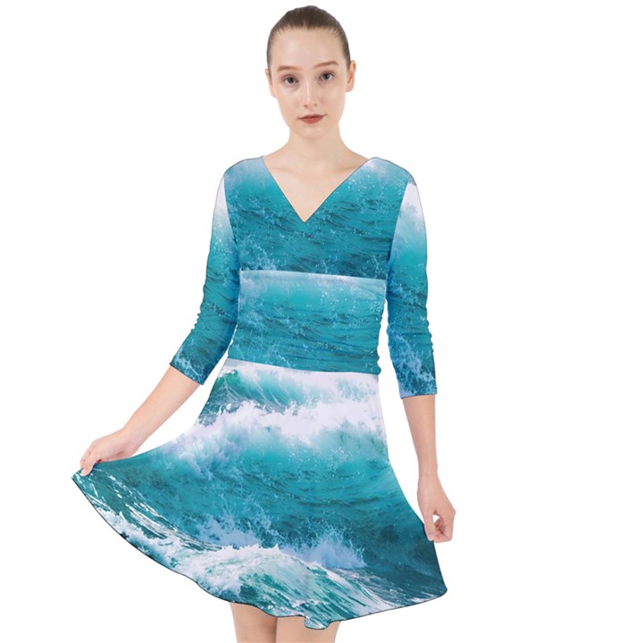 Waves Ocean Sea Tsunami Nautical Blue Sea Quarter Sleeve Front Wrap Dress