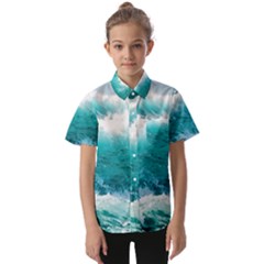 Waves Ocean Sea Tsunami Nautical Blue Sea Kids  Short Sleeve Shirt by uniart180623