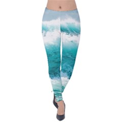 Waves Ocean Sea Tsunami Nautical Blue Sea Velvet Leggings by uniart180623