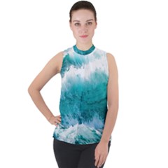 Waves Ocean Sea Tsunami Nautical Blue Sea Mock Neck Chiffon Sleeveless Top by uniart180623