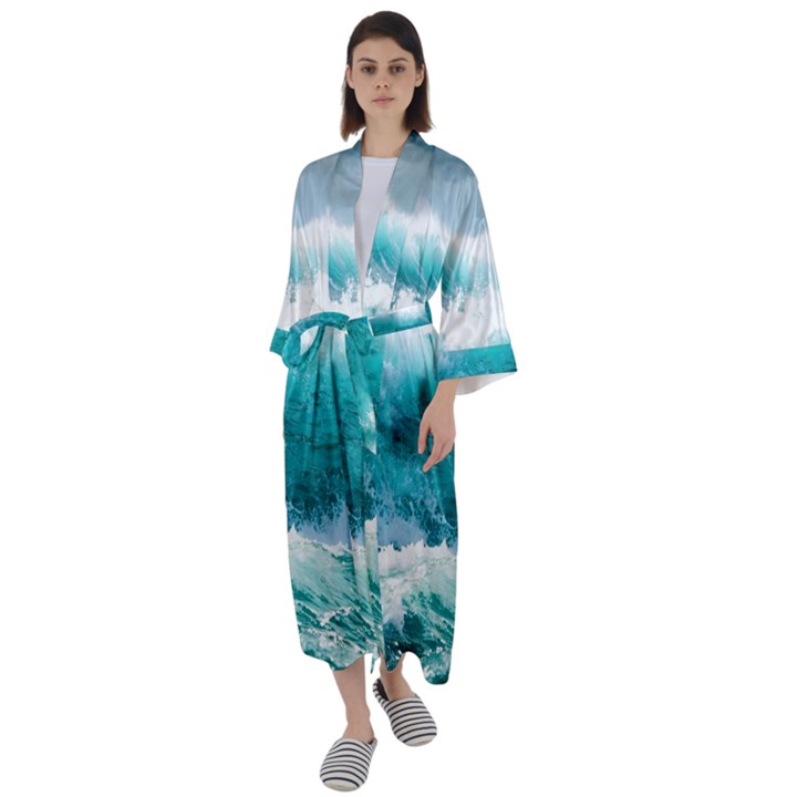 Waves Ocean Sea Tsunami Nautical Blue Sea Maxi Satin Kimono