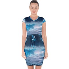 Thunderstorm Storm Tsunami Waves Ocean Sea Capsleeve Drawstring Dress  by uniart180623