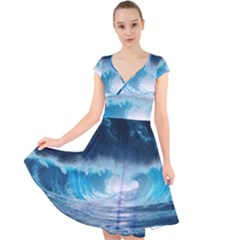 Thunderstorm Storm Tsunami Waves Ocean Sea Cap Sleeve Front Wrap Midi Dress by uniart180623