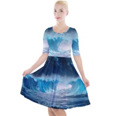 Thunderstorm Storm Tsunami Waves Ocean Sea Quarter Sleeve A-line Dress by uniart180623