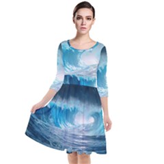 Thunderstorm Storm Tsunami Waves Ocean Sea Quarter Sleeve Waist Band Dress by uniart180623