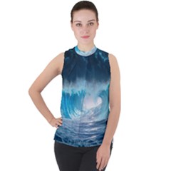 Thunderstorm Storm Tsunami Waves Ocean Sea Mock Neck Chiffon Sleeveless Top by uniart180623