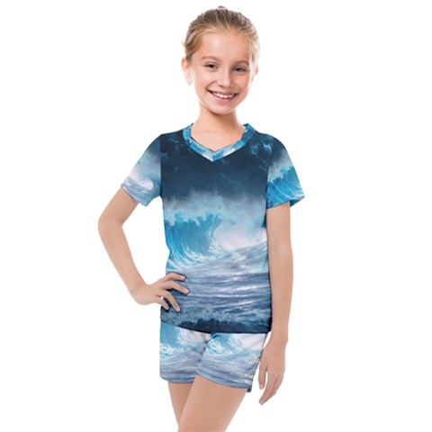 Thunderstorm Storm Tsunami Waves Ocean Sea Kids  Mesh Tee And Shorts Set by uniart180623