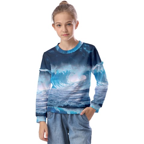 Thunderstorm Storm Tsunami Waves Ocean Sea Kids  Long Sleeve Tee With Frill  by uniart180623