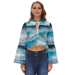 Thunderstorm Storm Tsunami Waves Ocean Sea Boho Long Bell Sleeve Top by uniart180623