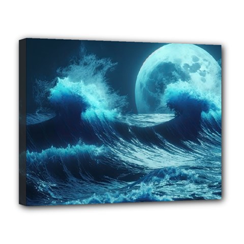 Moonlight High Tide Storm Tsunami Waves Ocean Sea Canvas 14  X 11  (stretched) by uniart180623