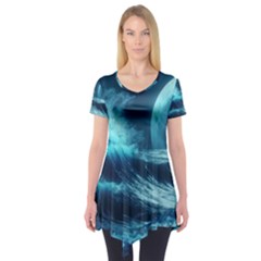 Moonlight High Tide Storm Tsunami Waves Ocean Sea Short Sleeve Tunic  by uniart180623