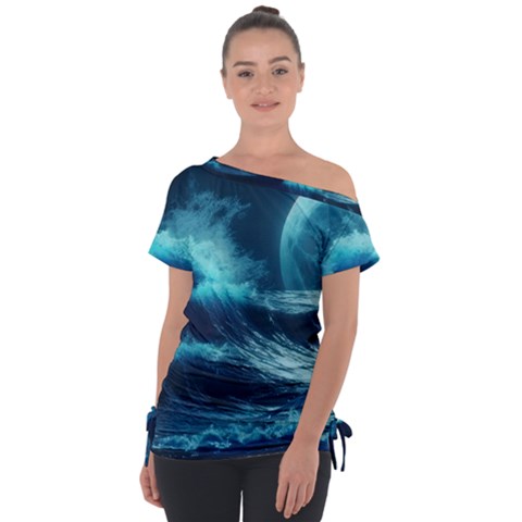 Moonlight High Tide Storm Tsunami Waves Ocean Sea Off Shoulder Tie-up Tee by uniart180623