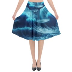 Moonlight High Tide Storm Tsunami Waves Ocean Sea Flared Midi Skirt by uniart180623