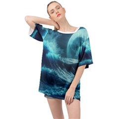 Moonlight High Tide Storm Tsunami Waves Ocean Sea Oversized Chiffon Top by uniart180623