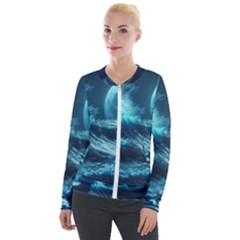 Moonlight High Tide Storm Tsunami Waves Ocean Sea Velvet Zip Up Jacket by uniart180623