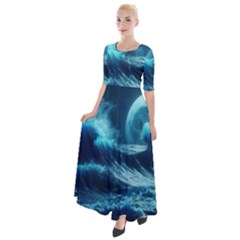 Moonlight High Tide Storm Tsunami Waves Ocean Sea Half Sleeves Maxi Dress by uniart180623