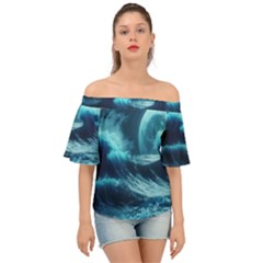 Moonlight High Tide Storm Tsunami Waves Ocean Sea Off Shoulder Short Sleeve Top by uniart180623