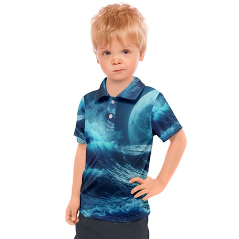 Moonlight High Tide Storm Tsunami Waves Ocean Sea Kids  Polo Tee by uniart180623