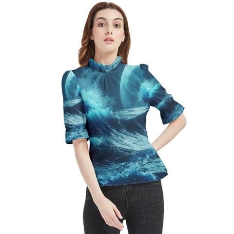 Moonlight High Tide Storm Tsunami Waves Ocean Sea Frill Neck Blouse by uniart180623