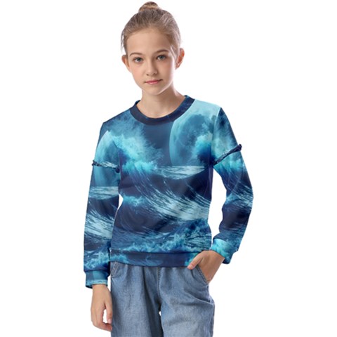 Moonlight High Tide Storm Tsunami Waves Ocean Sea Kids  Long Sleeve Tee With Frill  by uniart180623