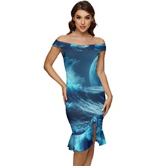 Moonlight High Tide Storm Tsunami Waves Ocean Sea Off Shoulder Ruffle Split Hem Bodycon Dress by uniart180623