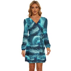 Moonlight High Tide Storm Tsunami Waves Ocean Sea Long Sleeve Waist Tie Ruffle Velvet Dress by uniart180623